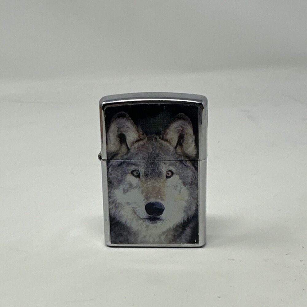 Zippo Wolf Face Lighter 2005 Chrome Black Collectible